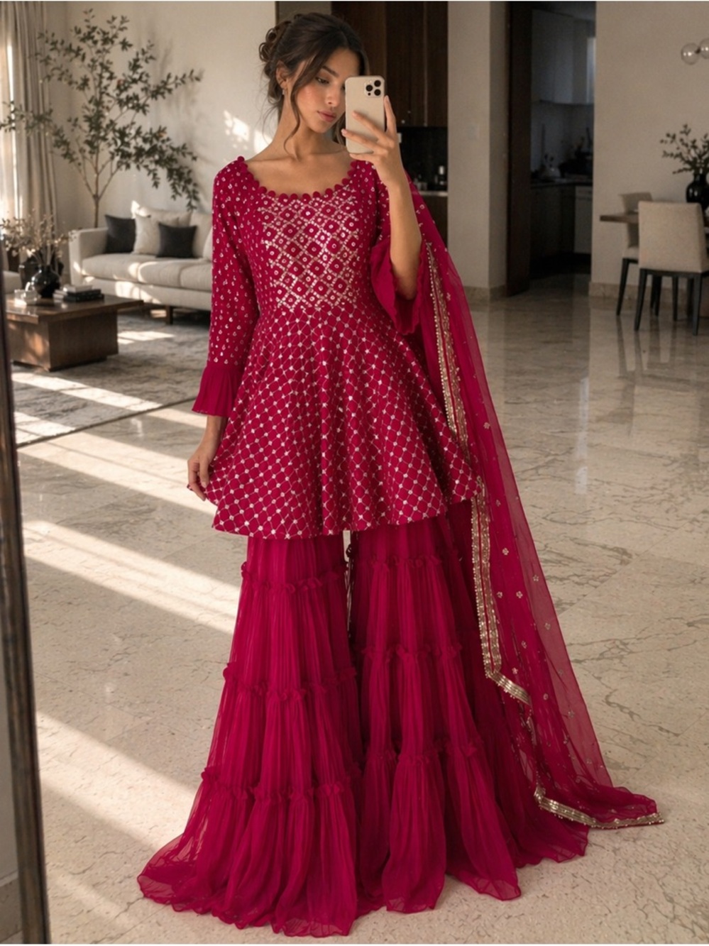Heavy outfit pink sharara suit set 3 piece set for Indian event